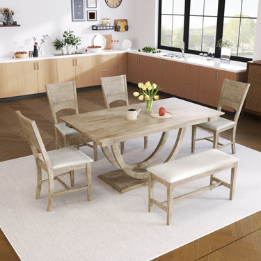 6-Piece Wood Half Round Dining Table Set With Long Bench & 4 Chairs